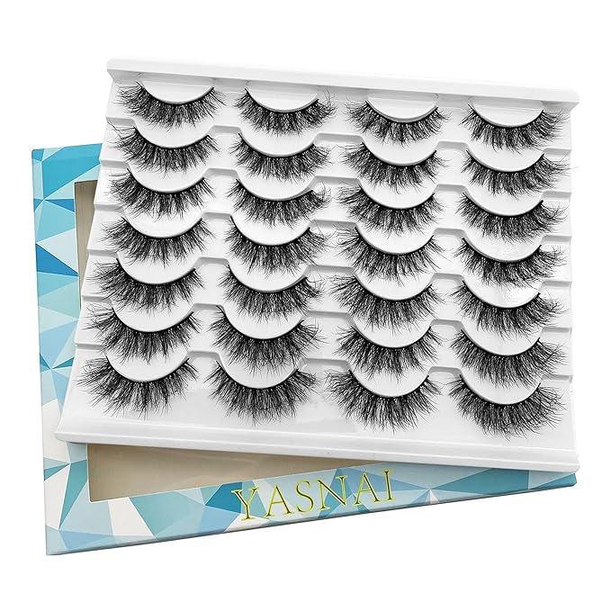 False Eyelashes Fluffy Faux Mink Lashes, Yasnai Natural Eyelashes,14 Pairs Pack 9D Wispy Cat Eye Fake Lashes