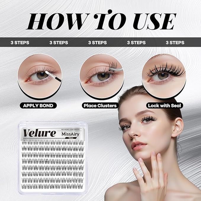 MissAiry Velure Lash Clusters LengthLock Eyelash Extensions Natural Lash Clusters Short Lash Cluster 10MM DIY Lashes Natural with Invisible Band Venus D Curly Individual Eyelashes(Velure 10MM)