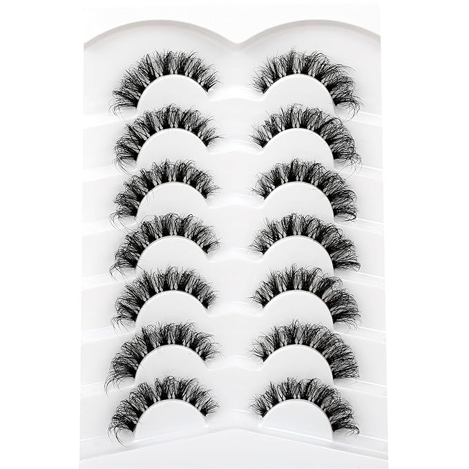 Pooplunch Fake Eyelashes Faux Mink Lashes Strips Cat Eye Wispy Volume Lashes D-Curly Clear-Band Natural 8D Extensions Wispies Short False Eyelash 7 Pairs Pack