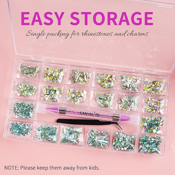 Canvalite 12 Types of 600Pcs Crystal Nail Charms & 5710Pcs Rhinestones for Nails Diamonds for DIY Crafts Flat Back Resin Rhinestones Transparent AB Gemstones Set with Drill Pen & Tweezer