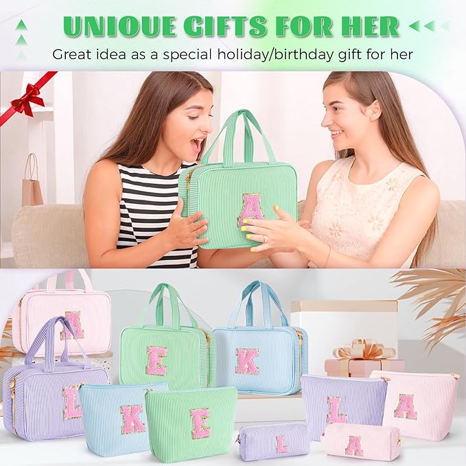 Initial Toiletry Bag for Women - Monogram Cute Makeup Bags Cosmetic Toiletry Pouch Make Up Case for Women Her Friend Friendship Sister Teacher - Green E