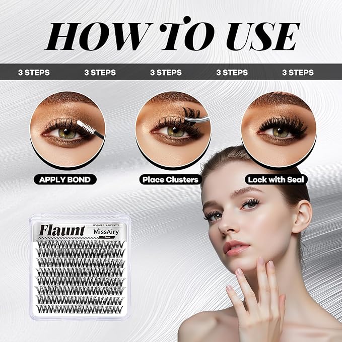 MissAiry Flaunt Lash Clusters LengthLock Eyelash Cluster Short Lash Cluster 12MM Wispy Lash Clusters Flora Cluster Lashes D Curly Eyelash Extensions Wet Look Eyelashes Clusters Wispy(Flaunt 12MM)