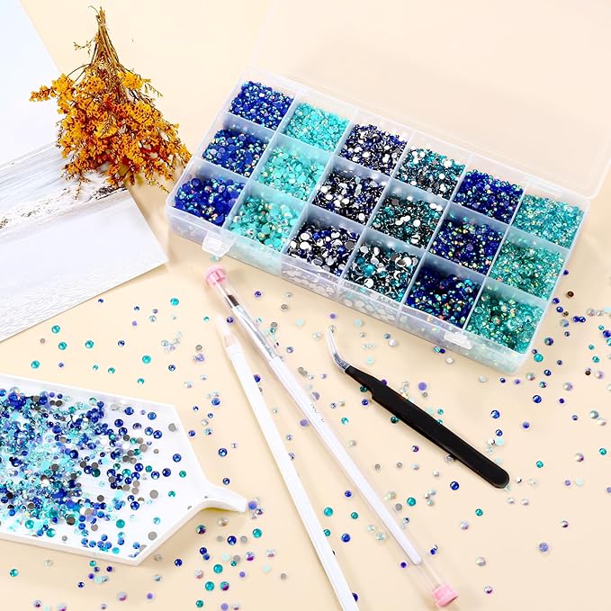 22380Pcs Blue and Cyan-Blue Color Flatback Rhinestones Kit for Nail Crafts DIY Decoration Non-hotfix Resin Round Shape Crystal(3mm,4mm,5mm)