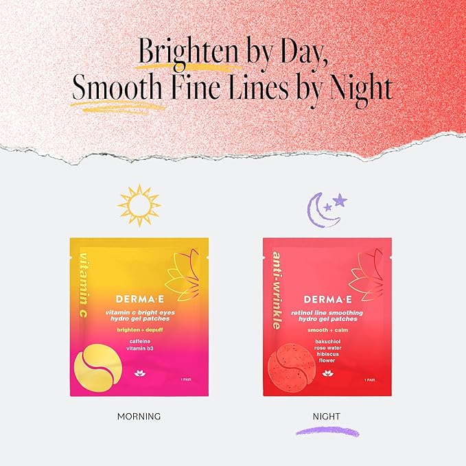 DERMA E Retinol + Bakuchiol Under Eye Patches (5 Pairs) Non-Irritating, Line Smoothing Hydro Gel Eye Patches with Rose Water & Real Hibiscus Petals, Helps Reduce Fine Lines, Crows Feet & Wrinkles,10Ct