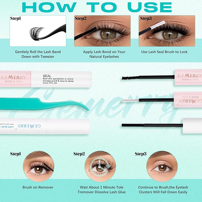 GEMERRY Lashes Clusters Kit Thick Lash Clusters 3 Styles 840Pcs Fluffy Lash Clusters Kit with Waterproof Bond and Seal Remover Tweezers for Beginners