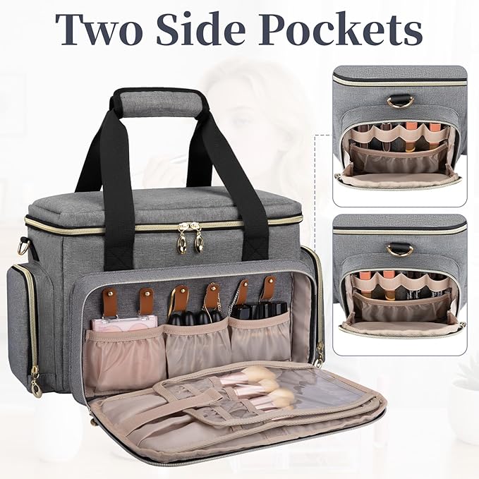 Large Makeup Bag, Portable Travel Makeup Bag Organizer for Women Girls with 2 Removable Pouches & Detachable Dividers, Cosmetic Travel Bag, Toiletry Bag for Makeup and Hair Supplies Grey