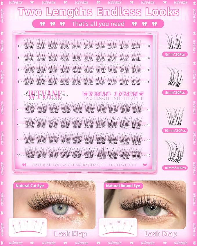 Wtvane Wispy Lash Clusters Natural Cluster Eyelash Extensions 8-10mm Short Lash Extensions Invisible Band Clusters Lashes C-Curly Individual Lashes Natural Look Lash Extensions Soft Band Daily Wear
