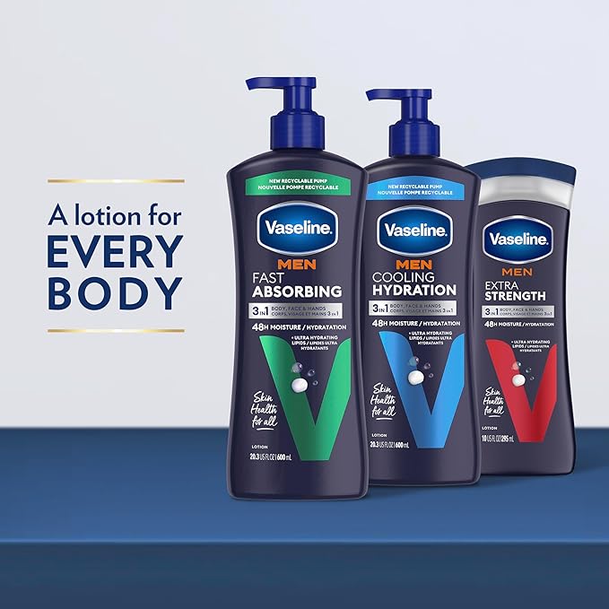 Vaseline Men Cooling Hydration 3-in-1 4 Pack for Dry Skin Face, Hands & Body Lotion for Men with Menthol & Ultra-Hydrating Lipids 20.3 oz