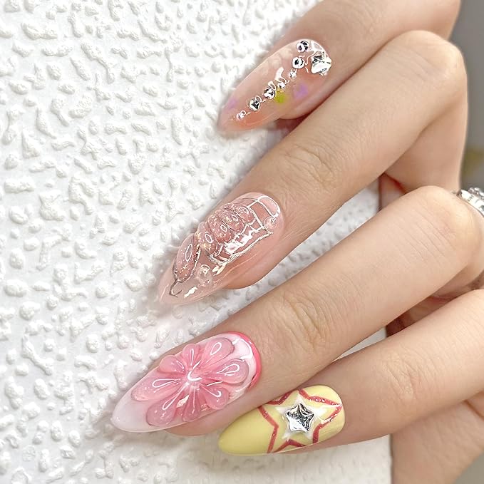 Press On Nails - Handmade Unique Fruit Almond Fake Nails, Thick Acrylic and Muti-Layer Gel False Nails, Reusable Gel Cured Sturdier 3D Fake Nails,DIY Art Decorate with Set (Size S)