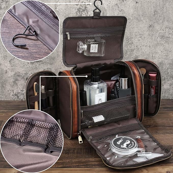 Toiletry Bag For Men, Genuine Leather Toiletries Organizer, Large Travel Hanging Toiletry Bag Water-resistant Bathroom Shaving Kit for Cosmetics, Makeup Case Travel Dopp Kit