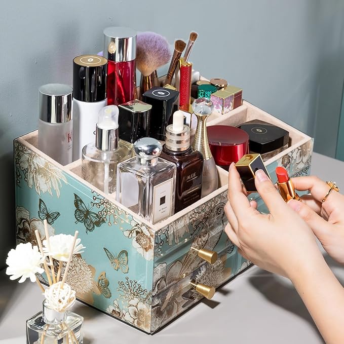 Glass Makeup Organizer for Vanity - Vanity Case with Drawers & Velvet Lining, Countertop Organizer for Lipstick, Brushes, Skincare, Perfume - Christmas Gifts for Women