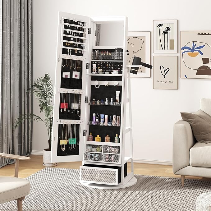 Mirror Jewelry Cabinet Standing, 6 LED Lights, 360° Swivel Full Length Mirror with Storage, Jewelry Armoire Organizer with Drawer, Foldable Makeup Shelf