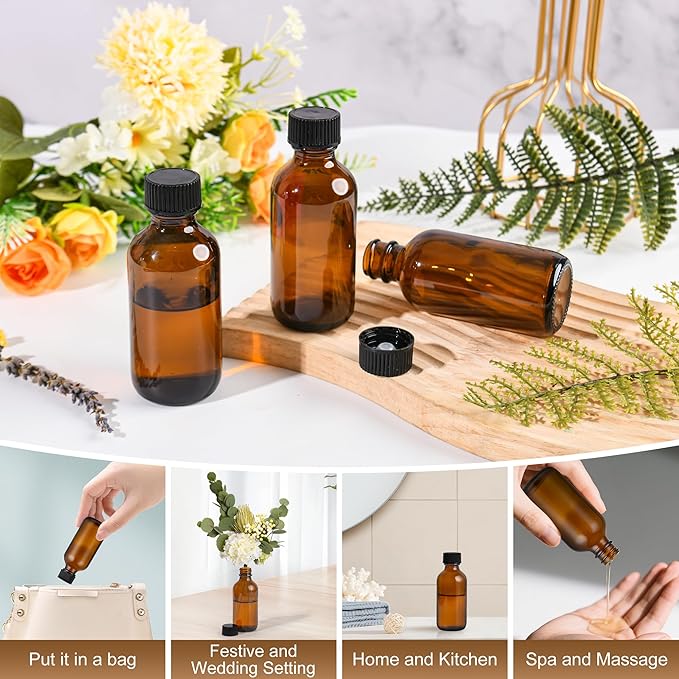 Exlvanto Small Glass Bottles with Lids Boston Round Shot Bottles for Health, Immunity, Ginger Juice, Essential Oils, Potion - Leak Proof Mini Travel Containers (Amber UV, 2oz-24Pack)