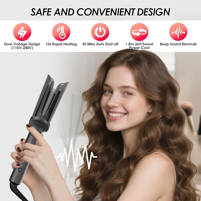 LA MAESII Automatic Rotating Curling Iron, Hair Curler with 3 Temps Fast Heating, 2-Way Rotating 1 Inch Curling Wand, Ceramic Coating, Ionic, Anti-Scald, Anti-Tangle, Dual Voltage Auto Shut-Off (Gray)