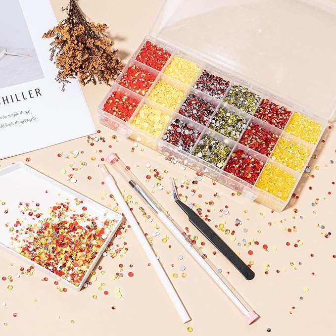 22300Pcs Red and Yellow Resin Flatback Rhinestones Tumbler Non-hotfix Round Gems for Nails Crafts Clothes Shoes Decoration(3mm,4mm,5mm)