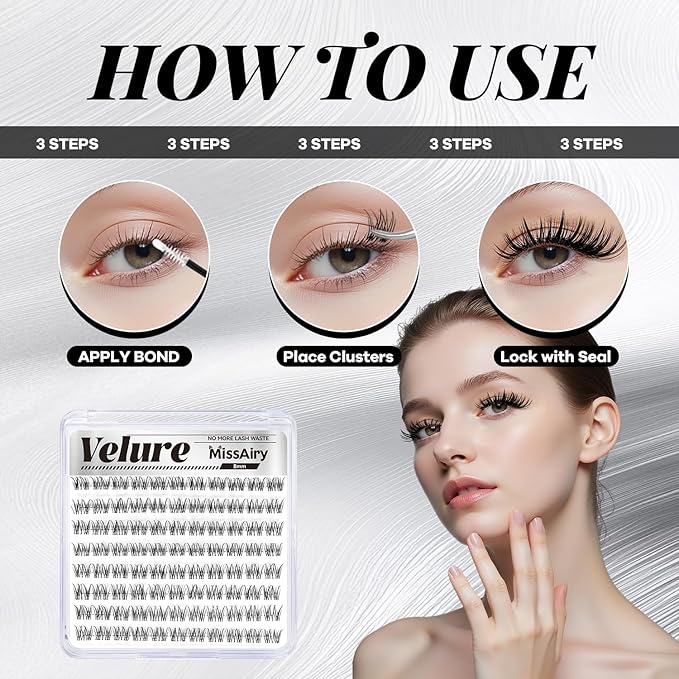 MissAiry Velure Lash Clusters LengthLock Eyelash Extensions Natural Lash Clusters Short Lash Cluster 8MM DIY Lashes Natural with Invisible Band Venus D Curly Individual EyelashesVelure 8MM)