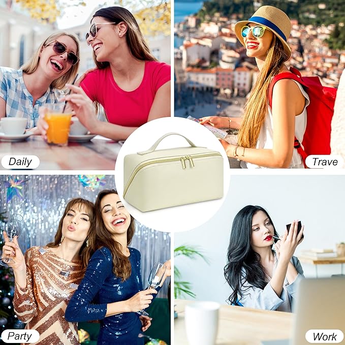 for Valentines Day Gifts, Makeup Bag for Women, PU Leather Travel Toiletry Bags, Initial Make Up Cosmetic Pouch for Teen Girls, Wide Open Portable Skincare Bag, Personalized Birthday Gifts, White