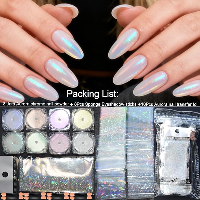 Holographic Chrome Nail Powder Kit - 8 Jars Pearl Chrome Mirror Effect Powder and 10 Sheets Transparent Aurora Nail Transfer Foils, Glitter Manicure Art Supplies