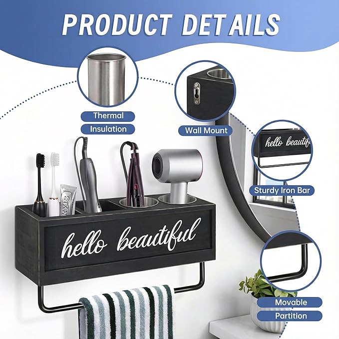 Hair Dryer Holder Wall Mounted, Hair Tools and Styling Organizer with Towel Bar, Farmhouse Beauty Hair Appliance Holder for Flat Iron, Curling Wand, Towel Rack (Black)