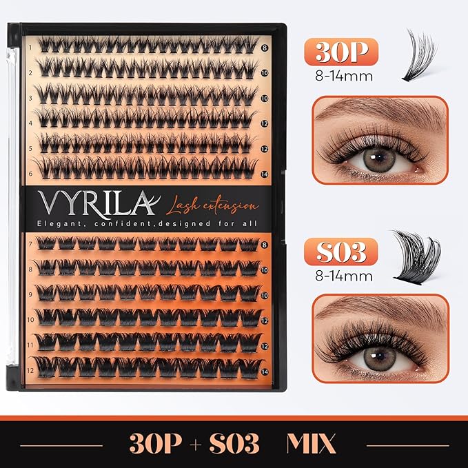 Lash Clusters-VYRILA 0.07mm Wispy Eyelashes C Curl Eyelash Clusters 8-14mix Individual Lashes Extension DIY at Home (30P+S03 186pcs-8-14mix)