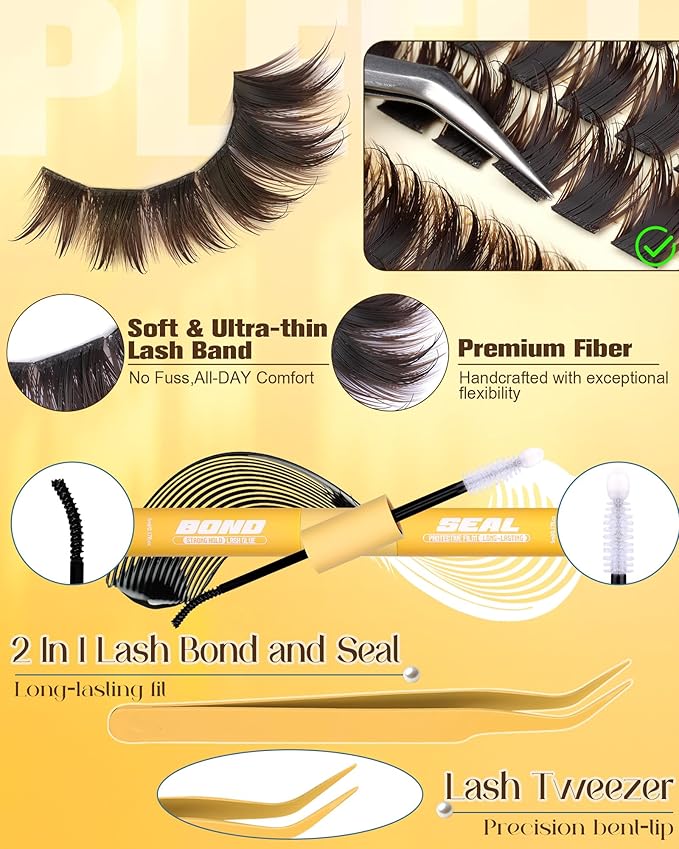 Lash Clusters Kit Brown Cluster Eyelash Extensions Kit More 14/16mm Volume Lashes with Spikes Anime Thick Eyelash Clusters Kit with Lash Bond and Seal, Tweezers by Pleell (D Curly, 144PCS)