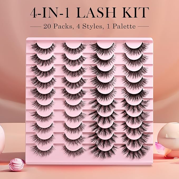 Lashes Wispy False Eyelashes 4 Styles Cat Eye Strip Lash Natural Look 20 Pairs Fake Mink Bulk Eyelash Pack Short Fluffy Lashes Strips that Look Like Extensions Full Wispies Pestañas Postizas