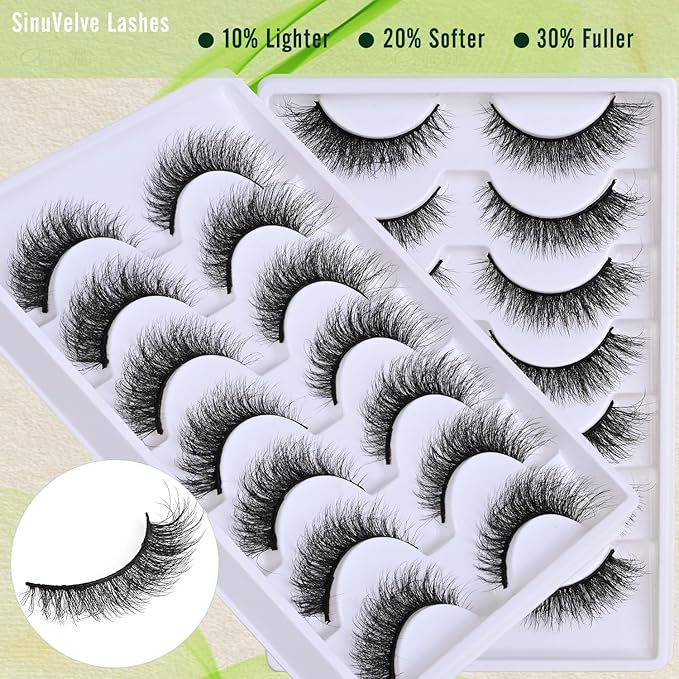 SinuVelve Strip Fake Lashes Pack 7 Pairs Natural Look Flexible Cotton Band Wispy Mink Lashes Wispy False Eyelashes13mm Natural Look D Curl Soft Lash Strips,Cat Eye Lashes Reusable 25 Times By Hiklasy