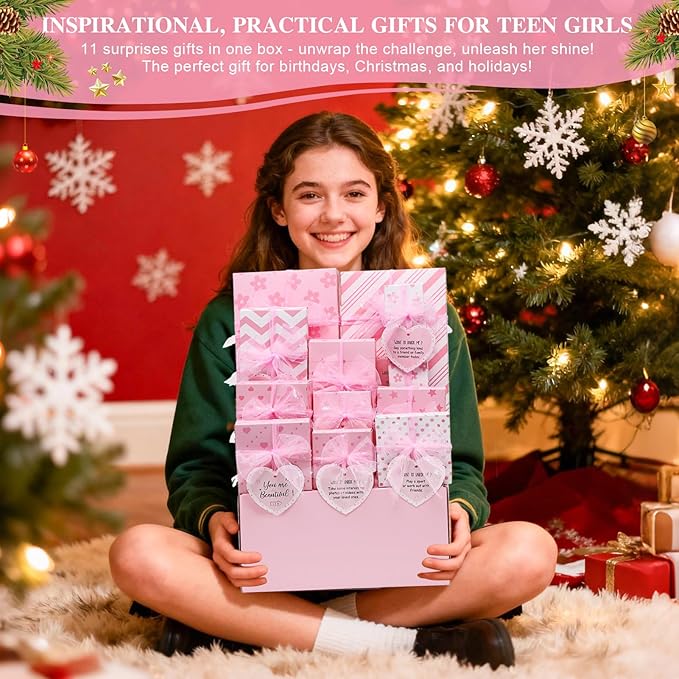 Christmas Gifts for Tween & Teen Girls, 11PCS Birthday Gifts Basket Teen Girls Trendy Stuff with Empowering Tasks Make up Brushes & Bag, Beauty Advent Calendar Wrapped Gifts Box