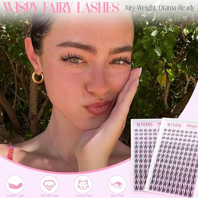 Wtvane Lash Clusters Fairy Eyelash Clusters Natural Invisible Lash Band 8-16mm Wispy Lash Clusters Eyelash Extensions C-Curly Individual Lashes False Eyelashes DIY Lash Extension Natural Manga Look