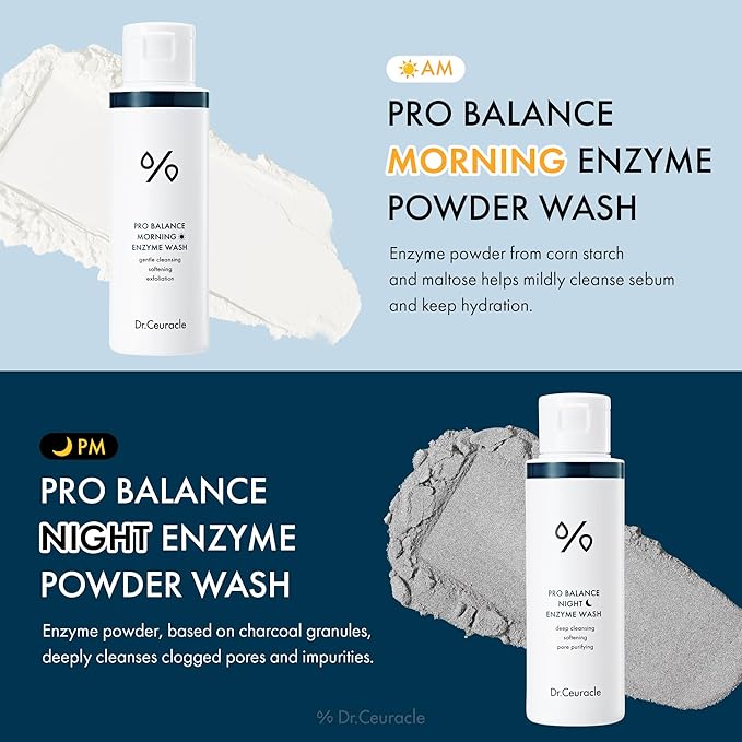 Dr.Ceuracle Day to Night Enzyme Powder Face Wash Set - Korean Natural Enzyme Powder for Deep Pore Cleansing, Sebum Removing, pH Skin Balancing Care