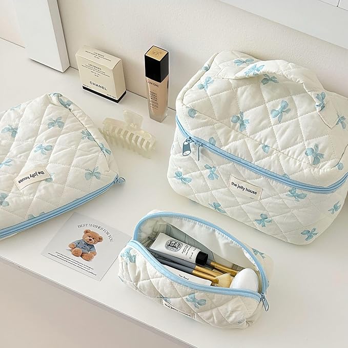 Cute Makeup Bag Aesthetic Floral Quilted Cotton Cosmetic Bag Travel Organizer Toiletry Pouch 3 Pack Set (02Blue Bow)