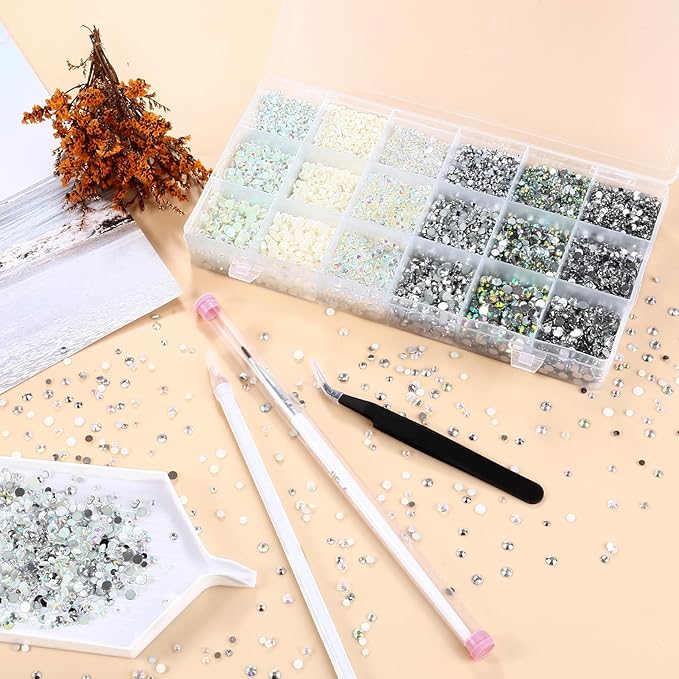 22300Pcs White and AB Mixed Color Flatback Rhinestones Kit for Nail Crafts DIY Decoration Non-hotfix Resin Round Shape Crystal(3mm,4mm,5mm)
