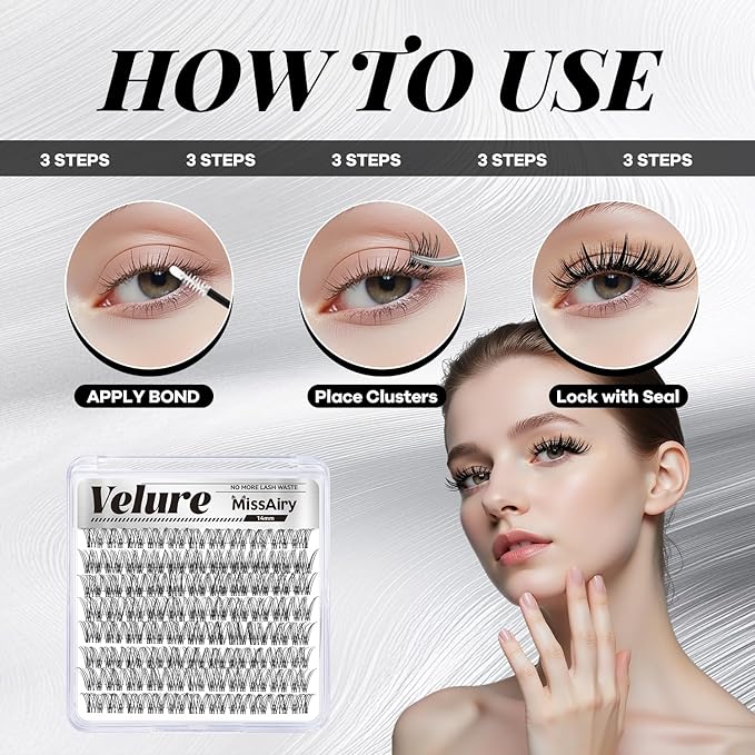 MissAiry Velure Lash Clusters LengthLock Eyelash Extensions Natural Lash Clusters Short Lash Cluster 14MM DIY Lashes Natural with Invisible Band Venus D Curly Individual Eyelashes(Velure 14MM)