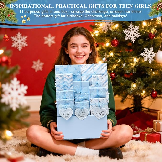 Christmas Gifts for Tween & Teen Girls, 11PCS Birthday Gifts Basket Teen Girls Trendy Stuff with Empowering Tasks Make up Brushes & Bag, Beauty Advent Calendar Wrapped Gifts Box