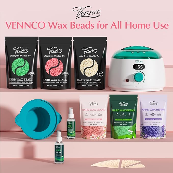 Vennco 2.5lb Pink Rose Hard Wax Beads for Hair Removal - Gentle Hard Wax for Face, Bikini, and Brazilian Areas - Wax Refill for Full Body Professional Home Waxing