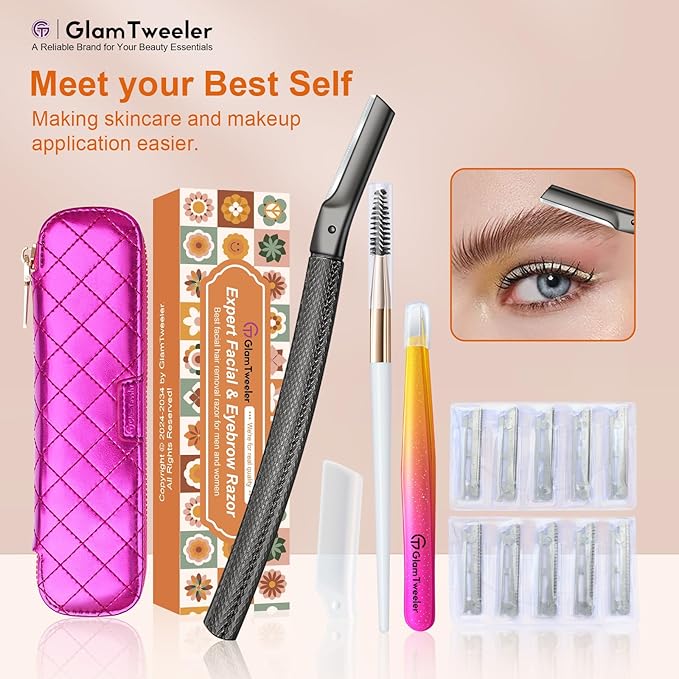 Women's Dermaplane Face & Eyebrow Razor Kit with GlamTweeler Slant Tweezers, Spoolie Brush, and Luxury Leather Storage & Travel Case + 10 Refill Blades (Black)