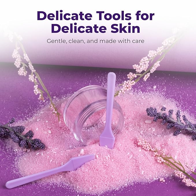 Kopperko Mini Face Spatula (2.5", 100 Pack) - Small Foundation Spatula for Skincare, Creams, & Crafts | Plastic Face Lotion Applicator Tool for Mixing, Cosmetic, Face Mask | Purple
