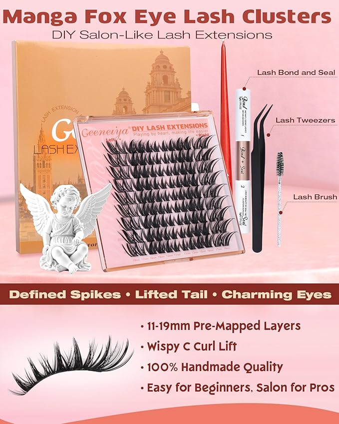 Geeneiya Manga Lash Clusters Kit, 11-19mm Fox Eye Lash Extension Kit, C Curl Left & Right Cat Eye Lashes, DIY Cluster Eyelash Extension Kit with Lash Bond and Seal Lash Tweezers for Beginners