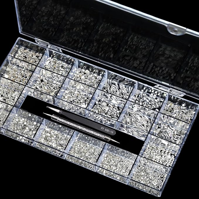 Yzzseven 12 Types of 600 White Diamonds + 2500 Flat Rhinestones Mix 20 Styles Flatback DIY Crafts Rhinestone Crystals 3D Ornaments Flat Back Stones Set + Tweezers + Drill Pen