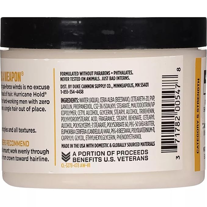 Duke Cannon Supply Co. Hurricane Hold Pomade – 4.6 oz – Extra Strong Hold, No Shine, Water-Based for Easy Washout, Long-Lasting Hair Control
