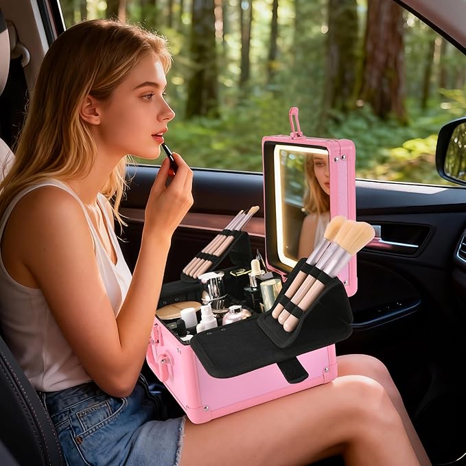 Makeup Case with Lighted Mirror, Makeup Box Organizer with Detachable LED Mirror, Travel Makeup Train Case, Waterproof Cosmetic Organizer, Standing Brush Holder, Gift, Pink