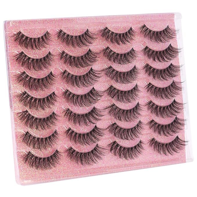 Lashes Natural Look Faux Mink Eyelashes Wispy Clear Band Lashes 16mm Natural False Lashes Cat Eye Short Strip Lashes Pack 14 Pairs