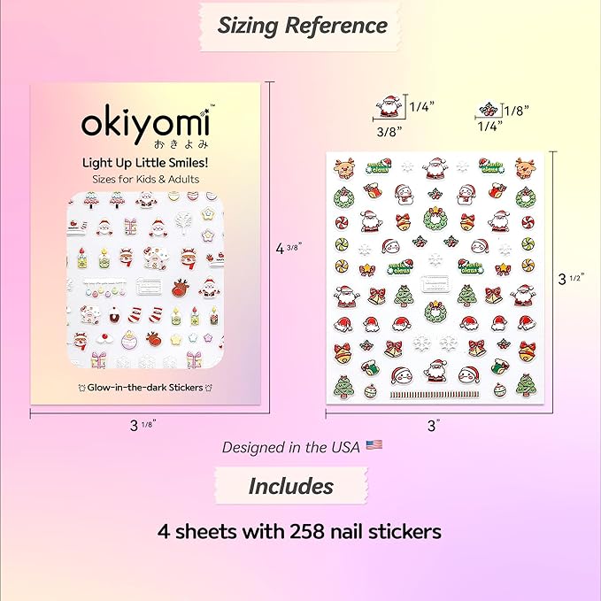 4 Sheets of 3D Christmas Nail Stickers - 258 Cute Nail Decals - Embossed Kawaii Nail Stickers for Kids | Cute Holiday Theme - Santa, Reindeer, Snowman, Gifts, Candy Cane | Glow in The Dark