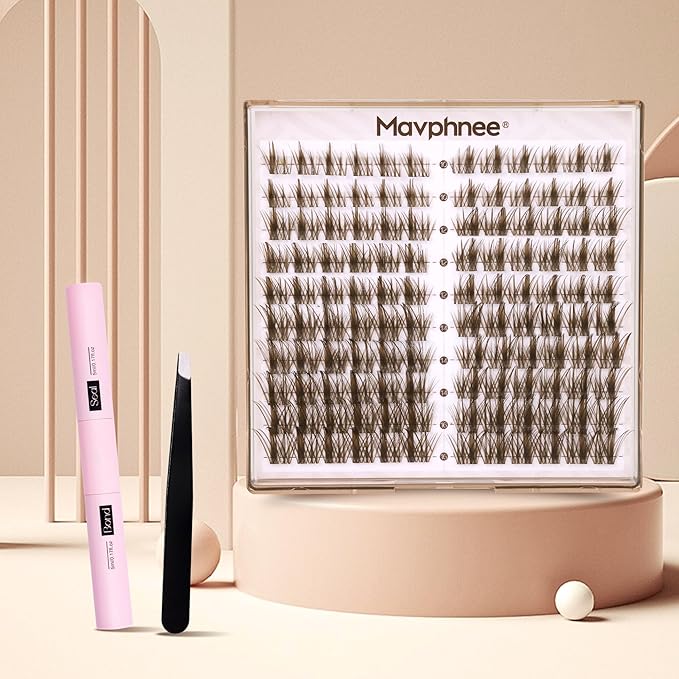 Brown Lash Clusters Kit Dark Brown Eyelash Clusters 120 Pcs Natural Lash Extension Kit 10-16MM CC-Curly Individual Lashes Kit with Lash Bond and Seal Lash Glue and Tweezers by Mavphnee