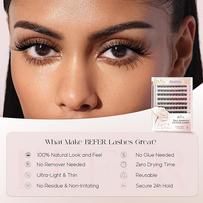BEFER Self Adhesive Eyelashes Clusters, D Curl 10-16MM Pre Glued Lash Natural Look No Glue No Remover Needed Reusable Lashes Press on Eyelash Clusters Easy for Use DIY at Home(ZE02,Vigor)