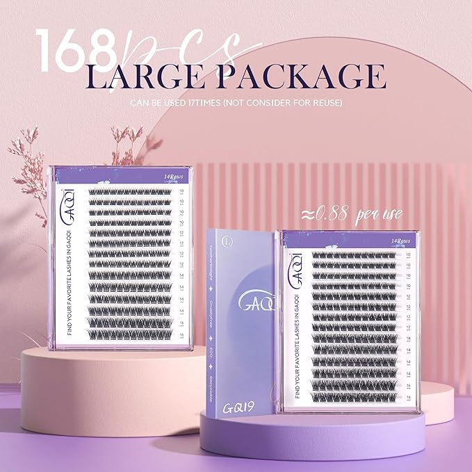 GAQQI Lash Clusters, GQ03 False Eyelashes DIY Lash Extensions C Curl 168PCS Cluster Lashes 16MM, Wispy and Natural Lash Wisps (GQ03,16mm,C Curl)