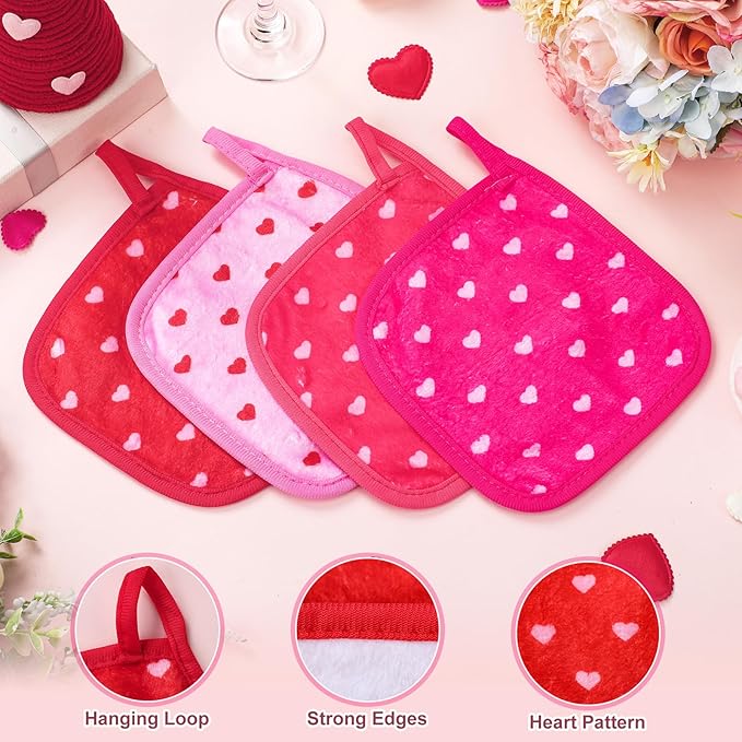 Frienda 24 Pcs Galentines' Valentines' Day Heart Makeup Remover Cloth 6" x 6" Towels Reusable Washable Remover Pads Soft Microfiber Washcloths Facial Cloths Makeup Towel Galentines' Gifts for Women