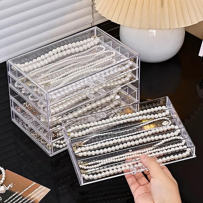 Feadily 1PCS Acrylic Jewelry Organizer Box, Jewelry Drawer Organizer With 3 Drawers 18 Grids, Necklace Organizer, Clear