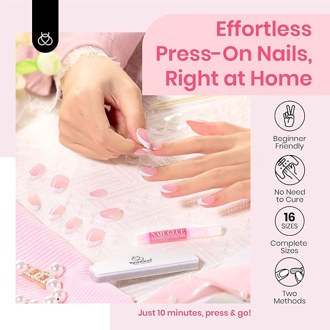 Beetles Short Squoval French Tip Press On Nails, 16 Sizes 64 Pcs Pink Squoval Shape Short Square Press On Nails Fake Nails Extensions Gel Nail Tips Nail Art DIY Manicure Gifts for Women
