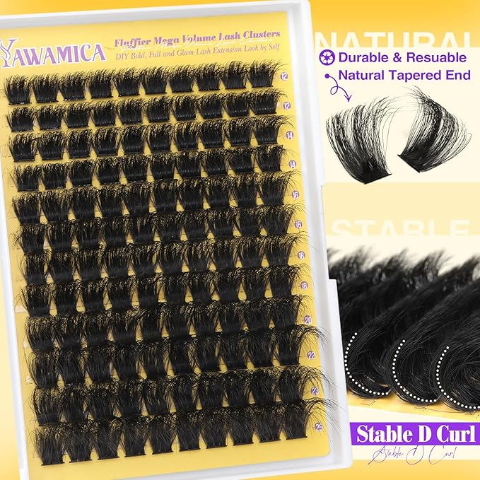 Yawamica Fluffy Lash Clusters Mega Volume Eyelash Clusters 12-25mm Long Thick Cluster Eyelash Extensions Wispy Individual Lashes D Curl Cluster Lashes for Instant Dramatic Lash Extension (DIY at Home)